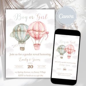 Invitación editable para revelar el género del bebé, invitación para fiesta de niño o niña, invitación digital para revelar el género del bebé, rosa y azul