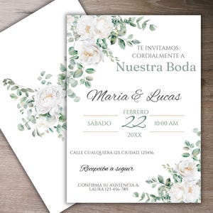 Invitaciones de boda, Spaanse huwelijksuitnodiging, Nuestra Boda, bewerkbare Invitaciones de boda con flores blancas, instant download