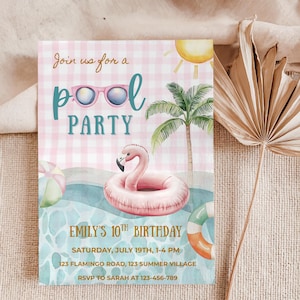 Bearbeitbare Pool Party Geburtstagseinladung, Pastell Pool Party Einladung, Mädchen 10. Geburtstagseinladung, Sommerparty, Schwimmen Geburtstag