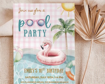 Editable Pool Party Birthday Invitation, Pastel Pool Party Invitation, Girl 10th Birthday Invitation, Summer Party, Swimming Birthday