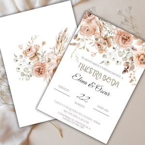 Faire-part de mariage bohème modifiable en espagnol, Invitaciones de Boda en Español con Flores, Nuestra Boda, Plantilla de invitacion de Boda ELENA