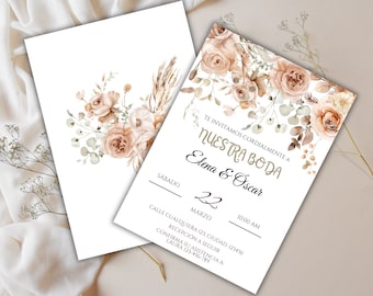 Invitación de Boda Boho Editable en Español, Invitaciones de Boda en Español con Flores, Nuestra Boda, Plantilla de invitacion de Boda ELENA
