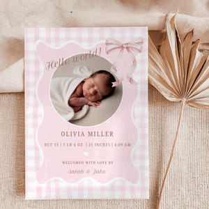 Rosa Gingham Geburtsankündigungsfoto Kartenvorlage, druckbare Neugeborenen Bild Karte, Kokette Baby Mädchen Geburtsankündigung Karte, Rosa Schleife