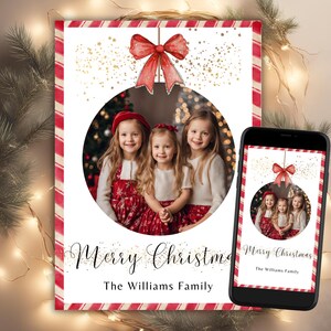 Rode strik kerstkaartsjabloon, kerst-e-kaart met foto, bewerkbare kerstfotokaart, afdrukbare kerstkaart met foto
