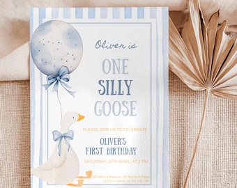 One Silly Goose Boy Birthday Invitation, Blue Silly Goose, Boy 1st Birthday Invite, Trendy First Birthday Invitation Template