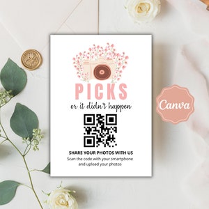 Bewerkbare foto's of het gebeurde niet teken, afdrukbaar bruiloft QR-code teken, fototeken bewerken, aanpasbaar in Canva, leg de liefdeskaart vast