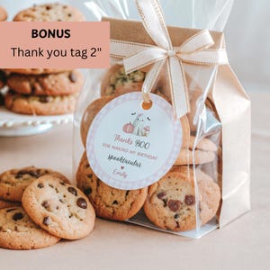 May include: A clear cellophane bag filled with chocolate chip cookies, tied with a ribbon, and a decorative tag that says "Thanks BOO for making my birthday spooktacular". A bonus tag is included.