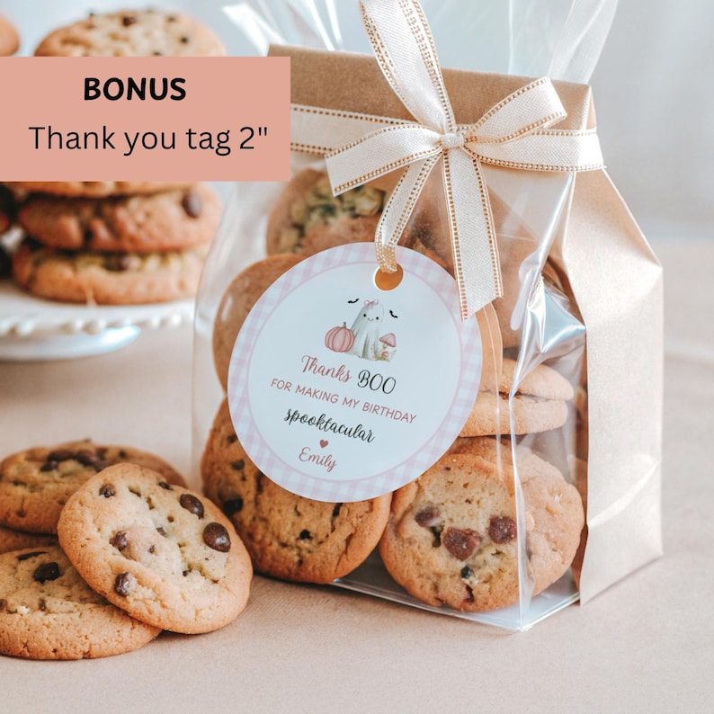 May include: A clear cellophane bag filled with chocolate chip cookies, tied with a ribbon, and a decorative tag that says "Thanks BOO for making my birthday spooktacular". A bonus tag is included.