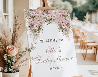 Editable Dusty Pink Floral Baby Shower Welcome Sign, Baby in Bloom Baby Shower Decoration, Garden Party, DIGITAL DOWNLOAD