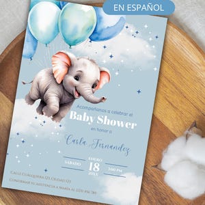 Spaanse blauwe olifant babyshower uitnodiging, olifant luchtballonnen uitnodigen babyshower jongen, Es Niño, babyshower Evite, Instant Download