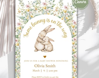 Adorable Floral Bunny Baby Shower Invitation, Wildflowers, Some Bunny is on the way Baby Shower Invite, Editable Baby Bunny Invitation