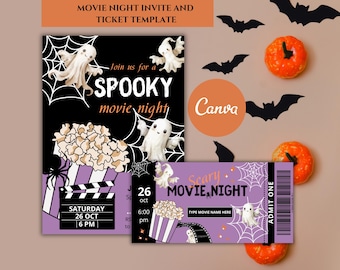 Bearbeitbare gruselige Filmnacht einladen Vorlage, druckbare Halloween Movie Night Tickets, sofortiger Download, Kinder Halloween Party Printables