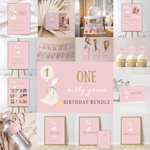One Silly Goose Birthday Party Package, Girl First Birthday Bundle, Silly Goose Theme,Pink Silly Goose Signs, One Silly Goose Invitation