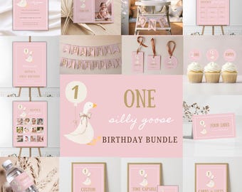 Eine verrückte Gans-Geburtstags-Party-Paket, Mädchen-erster Geburtstags-Bündel, lustiges Gans-Thema, rosa verrückte Gans Zeichen, eine lustige Gans-Einladung