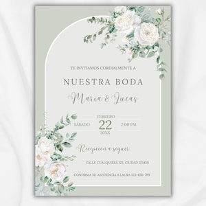 Hochzeitseinladung im Grünen mit weißen Rosen auf Spanisch, Nuestra Boda Invitacion, bedruckbare Hochzeitseinladung in Salbei Grün, weiße Blume