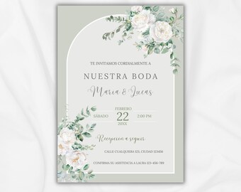 Hochzeitseinladung im Grünen mit weißen Rosen auf Spanisch, Nuestra Boda Invitacion, bedruckbare Hochzeitseinladung in Salbei Grün, weiße Blume