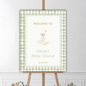 Editable Silly Goose Baby Shower Welcome Sign, Gender neutral, Green Gingham Welcome Sign, Goose Party Template