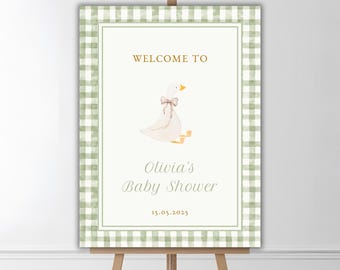 Editable Silly Goose Baby Shower Welcome Sign, Gender neutral, Green Gingham Welcome Sign, Goose Party Template