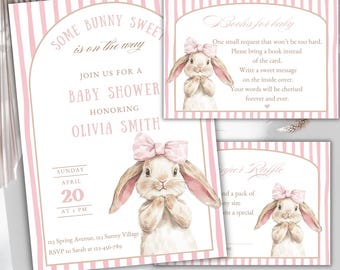Adorable juego de invitaciones para baby shower con tema de conejito rosa, conejito con lazo rosa