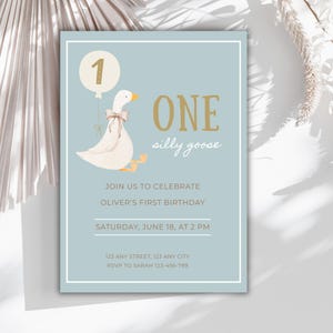 One Silly Goose Birthday Invitation, 1st Birthday Boy Blue Invite, Goose First Birthday Party, Printable