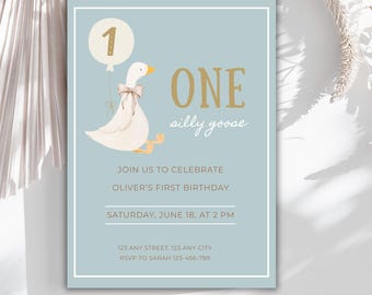 One Silly Goose Birthday Invitation, 1st Birthday Boy Blue Invite, Goose First Birthday Party, Printable