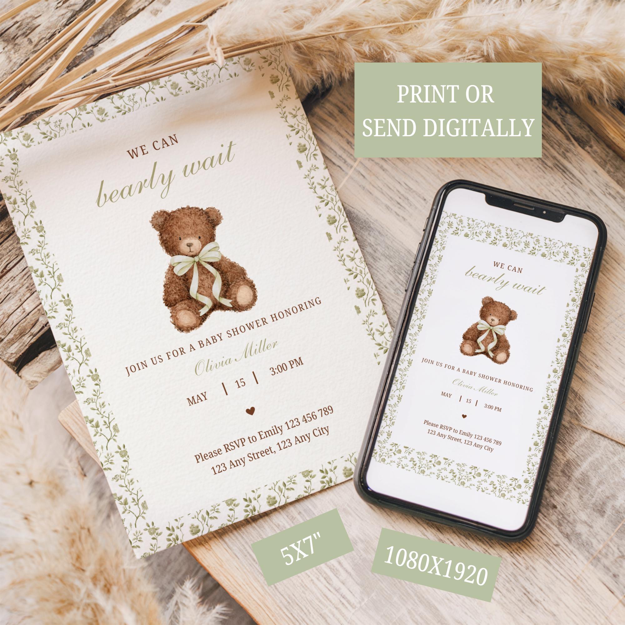 Editable Sage Green Bear Baby Shower Invitation, We Can Bearly Wait ...