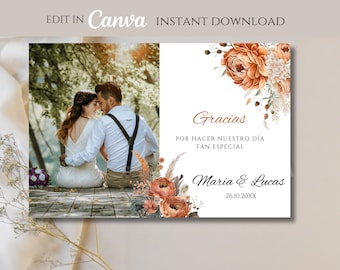 Tarjeta de Agradecimiento de Boda, Terrakotta Hochzeit Dankeskarte mit Foto auf Spanisch, Nuestra Boda, Blumenhochzeit Danke, MARIA
