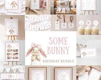 Some Bunny 1st Birthday Bundle, Girl's First Birthday Party, Bunny Theme Birthday Pack, Some Bunny Invitation Template, Bunny Party Signs