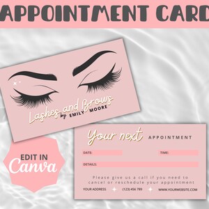 Lash afspraak herinneringskaart, roze schoonheidssalon afspraak kaart Canva sjabloon, bewerkbare wimpers uw volgende afspraak visitekaartje,