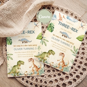 Editable Three-rex Birthday Party Invitation, Dinosaur Party Invite, Boy 3rd Birthday, Dino Party Template, T-Rex Third Birhtday Invite