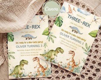 Bewerkbare uitnodiging voor verjaardagsfeestje drie-rex, dinosaurus feest uitnodigen, jongen 3e verjaardag, dino-feest sjabloon, T-Rex derde verjaardag uitnodigen