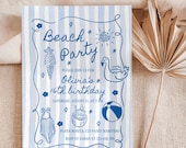 Editable Beach Party Invitation, Chic Hand Drawn Invite, Summer Party Invite, Blue Scribble Invitation, Teen Age Birthday Invite
