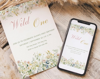 Editable Wildflower Birthday Invitation, Wild One Birthday Party Invite, DIGITAL DOWNLOAD