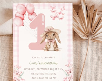 Bewerkbare eerste verjaardagsuitnodiging, konijn thema 1e verjaardag uitnodigen, uitnodiging coquette Bunny, eerste verjaardag konijn meisje, roze pastel