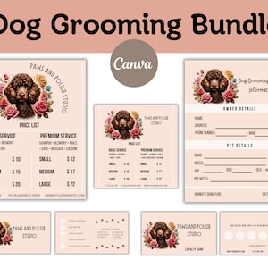 Pacote de negócios editável para cuidados com cães, cartão de visita para cuidador de cães, lista de preços para salão de animais de estimação para impressão, cartão de fidelidade para cuidados com cães, formulário de cliente para animais de estimação