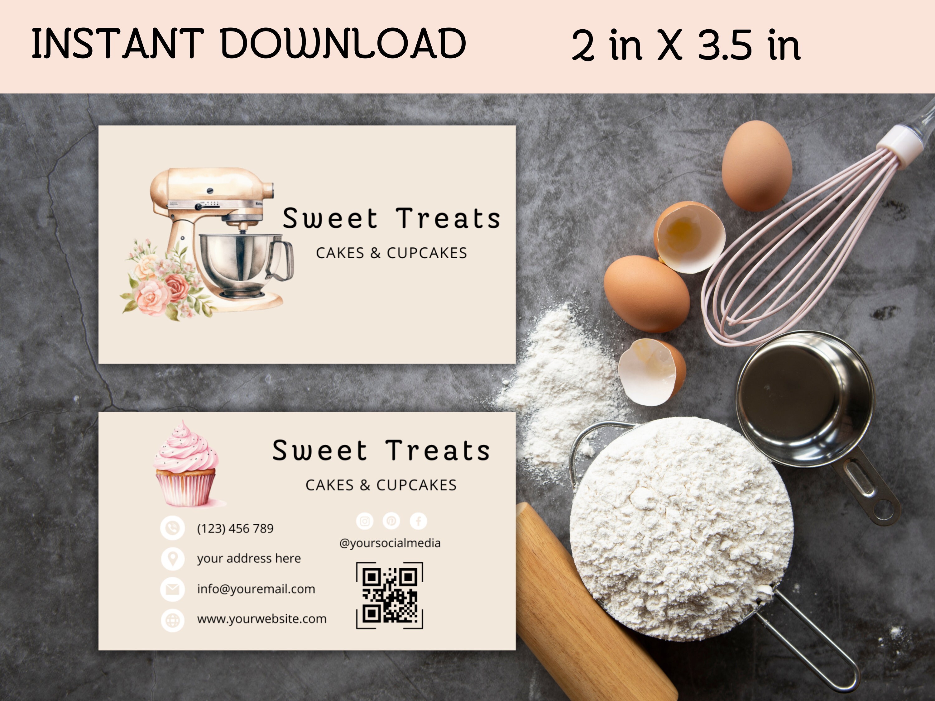 Editable Pink Bakery Business Card Template, Printable QR Code Baking ...