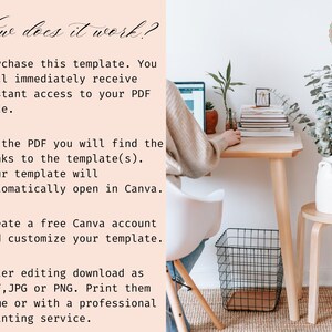 May include: A workspace with a wooden desk, a laptop, and a white chair. The text "How does it work?" and instructions for using a template are displayed. A vase with greenery and a small stool are also visible.