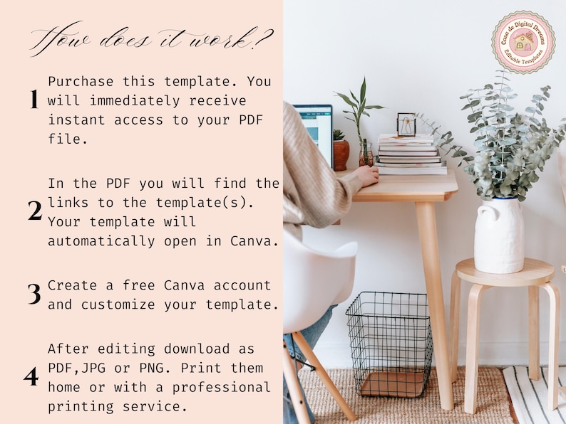 May include: A workspace with a wooden desk, a laptop, and a white chair. The text "How does it work?" and instructions for using a template are displayed. A vase with greenery and a small stool are also visible.
