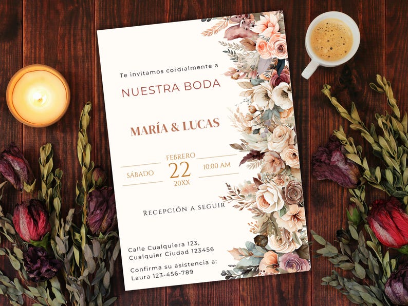 K&ouml;nnte beinhalten: Eine wei&szlig;e Hochzeitseinladung mit einem floralen Rand. Die Einladung lautet "Te invitamos cordialmente a NUESTRA BODA MARIA & LUCAS FEBRERO 22 20XX 10:00 AM RECEPCI&Oacute;N A SEGUIR Calle Cualquiera 123, Cualquier Ciudad 123456 Confirma su asistencia a: Laura 123-456-789"