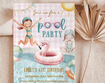 Editable Pool Party Invitation, Pink Pool Party Birthday Invite, Girl Summer Birthday, Pastel Pool Party Invite