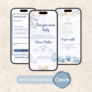 May include: Three smartphone screens displaying a baby shower invitation with a sea-themed design. The invitation includes text, "Sea you soon baby," and details for the event. The design features seashells, coral, and a mobile.