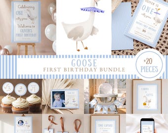 One Silly Goose Birthday Bundle, Printable Goose First Birthday Package, 1st Birthday Boy Party Templates, Vintage Goose Theme Birthday