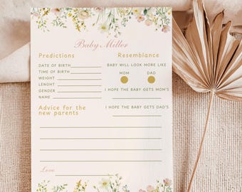 Plantilla de tarjeta de predicciones de flores silvestres, tarjeta de juego para baby shower, descarga digital