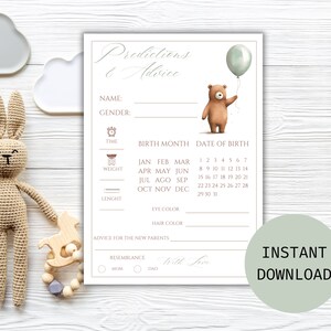 Ours avec carte de prédictions et de conseils en ballon, modèle de jeu de baby shower, cartes de prédictions et de conseils pour bébé imprimables, téléchargement immédiat