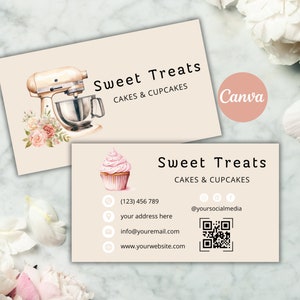 Cartão de visita de padaria, cartão de inserção de embalagem de cupcakes rosa editável, download instantâneo, modelo de cartão de visita de código QR de cozimento, editar no Canva