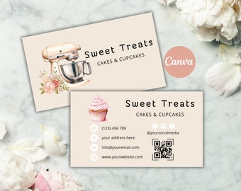 Bakery Business Card, Editable Pink Cupcakes Packaging Insert Card, Instant Download, Baking QR Code Business Card Template, Edit in Canva