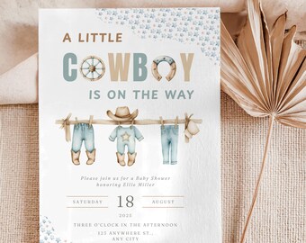 Editable A Little Cowboy Baby Shower Invitation, Wild West Baby Shower Invite, Light Blue and Beige Cowboy Invitation, Country Western Baby
