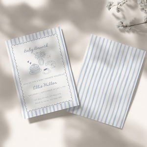 May include: Baby Brunch invitation with a light blue and white striped design. The invitation has a scalloped border and brunch illustrations. The text reads "Baby Brunch" and includes event details.
