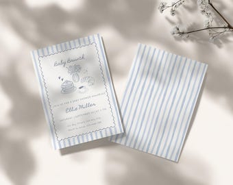 Invitación de brunch para bebé con rayas azules, invitación de baby shower dibujada a mano, descarga digital