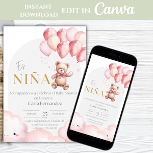 Roze babyshoweruitnodiging in het Spaans, uitnodiging babyshower en Español, digitale uitnodiging babymeisje, babyshower roze teddybeer, Niña